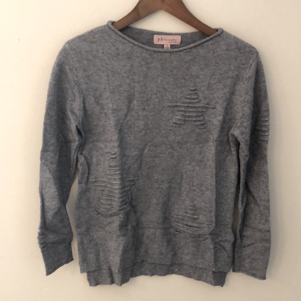 Philosophy Heather Gray Knit Top Textured Stars Loose Crew Neck Warm Cozy Sz Sm